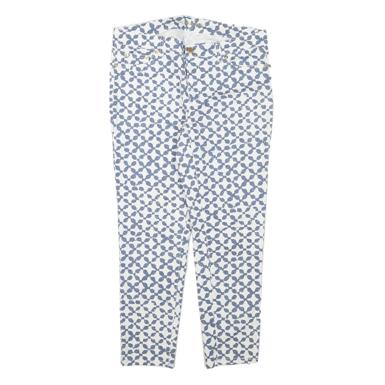 MICHAEL KORS Womens Cotton Blend White & Blue Slim Patterned Trousers W31 L25