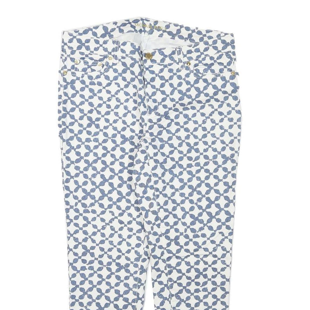 MICHAEL KORS Womens Cotton Blend White & Blue Slim Patterned Trousers W31 L25