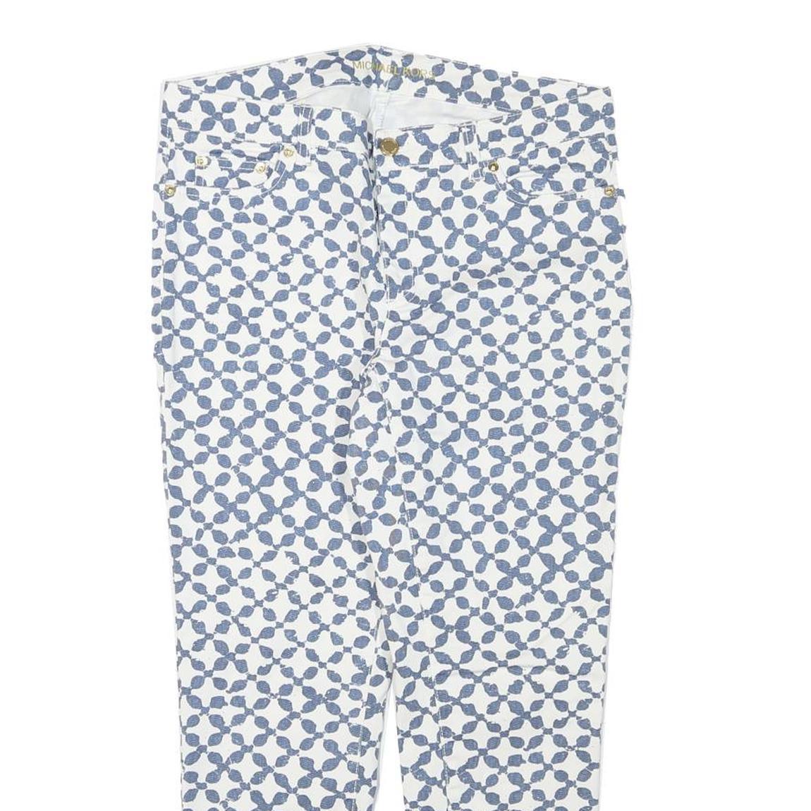 MICHAEL KORS Womens Cotton Blend White & Blue Slim Patterned Trousers W31 L25