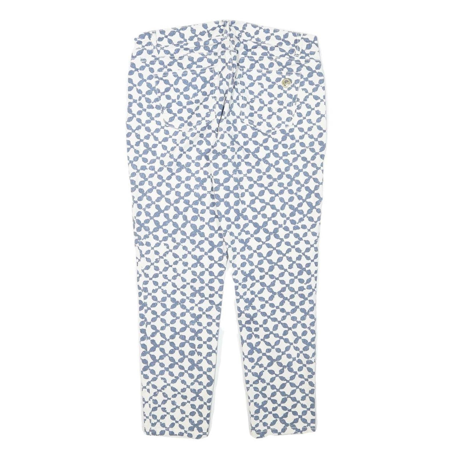 MICHAEL KORS Womens Cotton Blend White & Blue Slim Patterned Trousers W31 L25