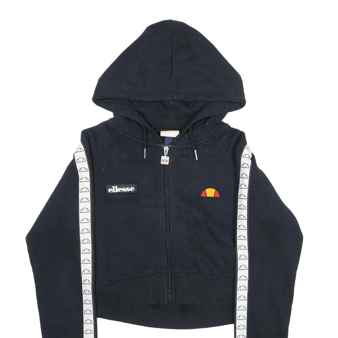 ELLESSE Womens Black White Logo Tape Full Zip Hoodie UK 6 Cropped Cotton Blend