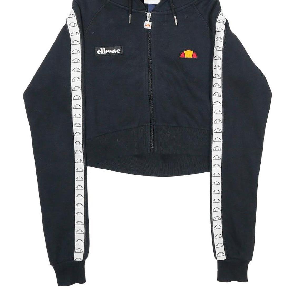 ELLESSE Womens Black White Logo Tape Full Zip Hoodie UK 6 Cropped Cotton Blend