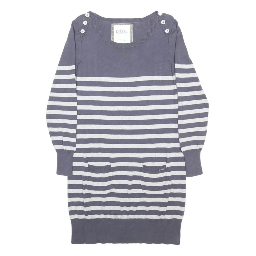 DIESEL Womens Grey & Cream Striped Day Cotton Dress Size L Button Detail Pockets