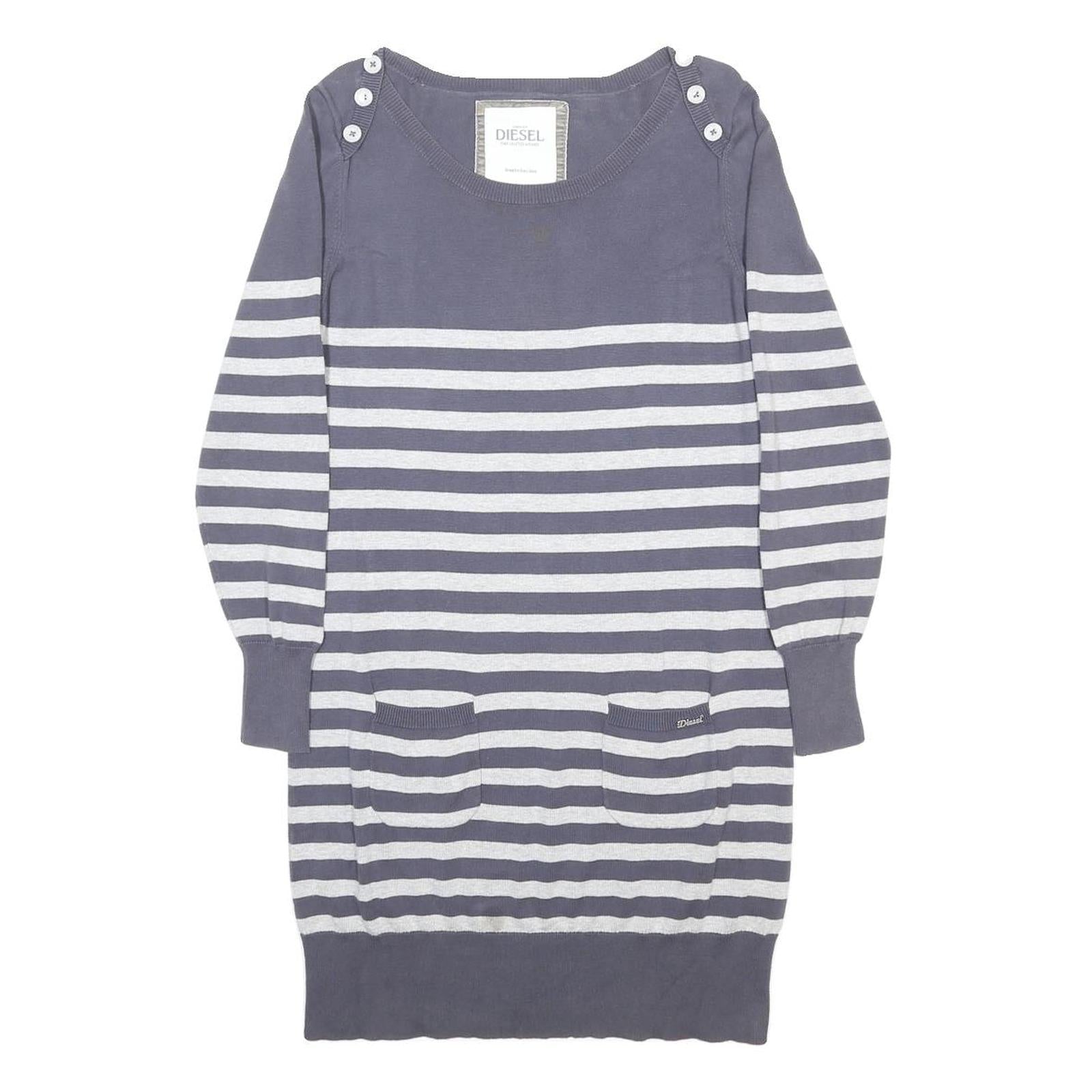 DIESEL Womens Grey & Cream Striped Day Cotton Dress Size L Button Detail Pockets