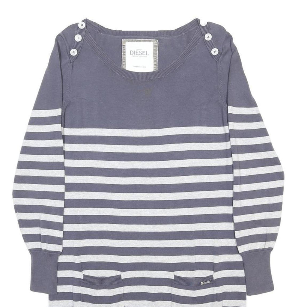 DIESEL Womens Grey & Cream Striped Day Cotton Dress Size L Button Detail Pockets
