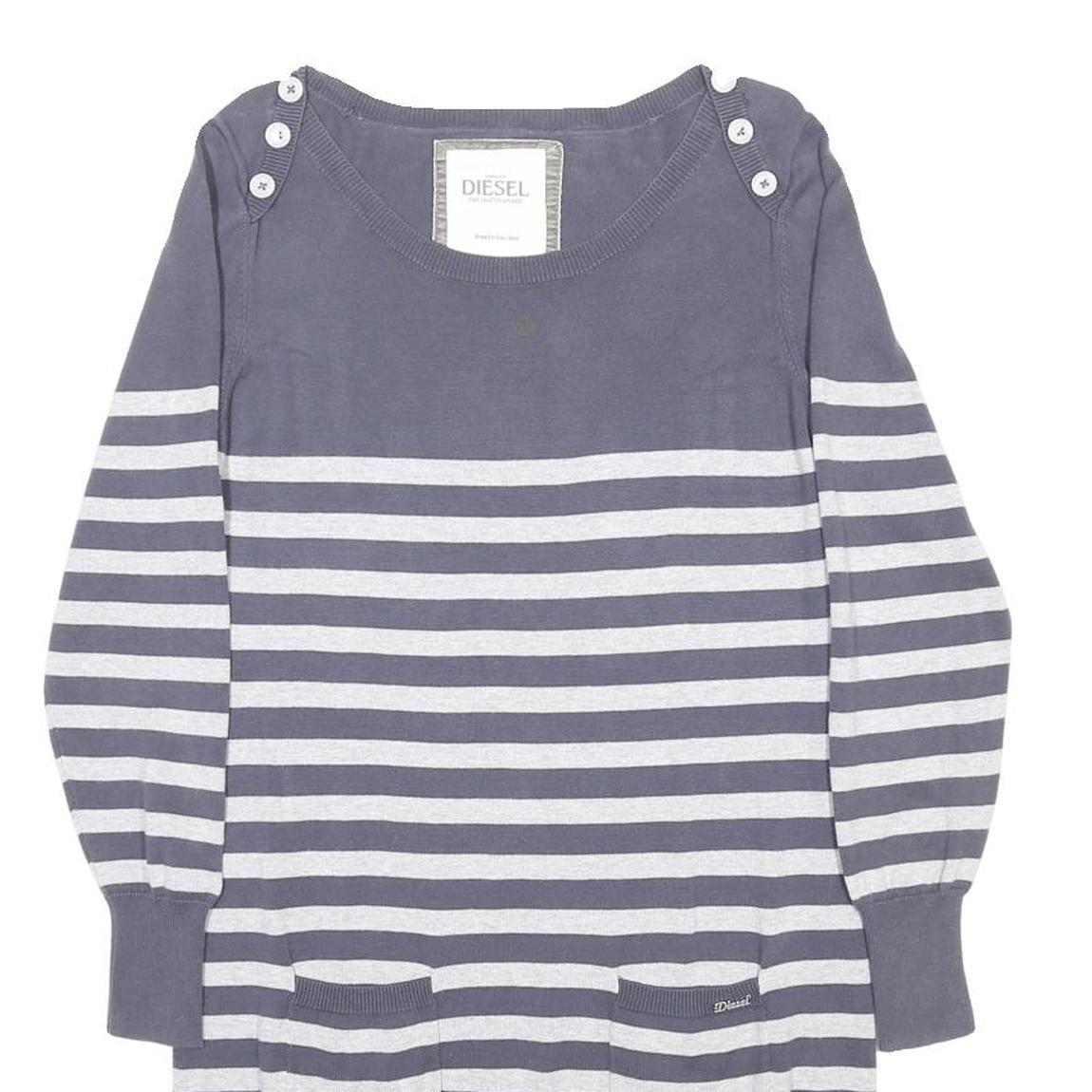 DIESEL Womens Grey & Cream Striped Day Cotton Dress Size L Button Detail Pockets