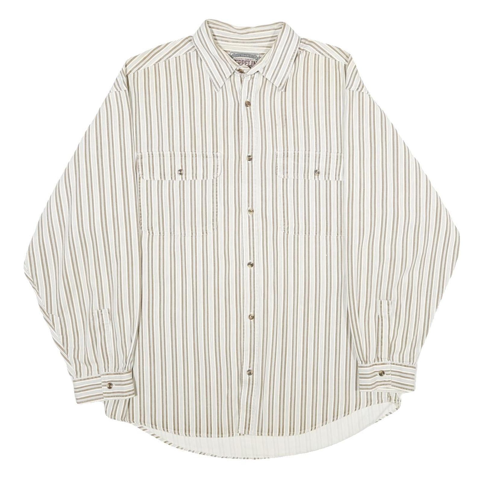 ZEPPELIN Mens Beige & White Striped Cotton Shirt L Casual Button Down Long