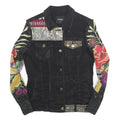 DESIGUAL Womens Black Cotton Blend Button Denim Jacket XS Floral Sleeves