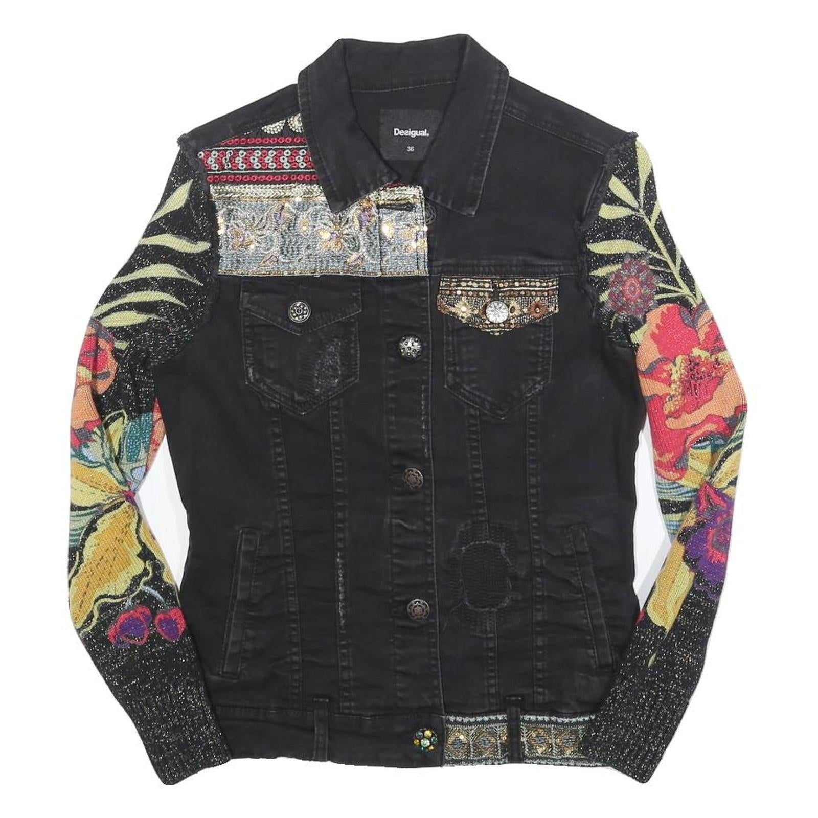 DESIGUAL Womens Black Cotton Blend Button Denim Jacket XS Floral Sleeves