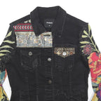 DESIGUAL Womens Black Cotton Blend Button Denim Jacket XS Floral Sleeves