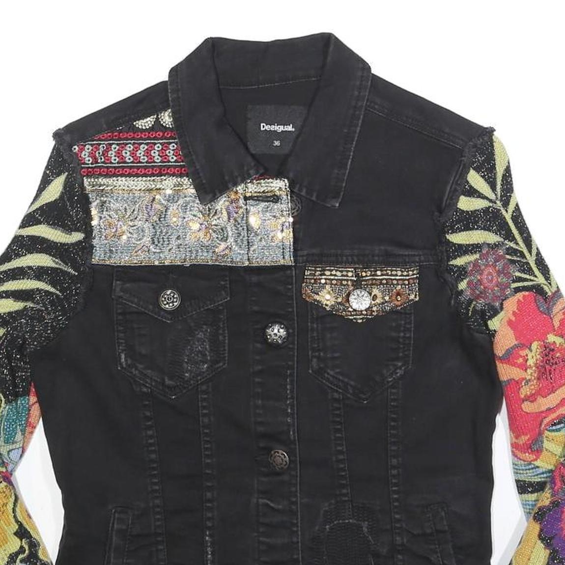 DESIGUAL Womens Black Cotton Blend Button Denim Jacket XS Floral Sleeves