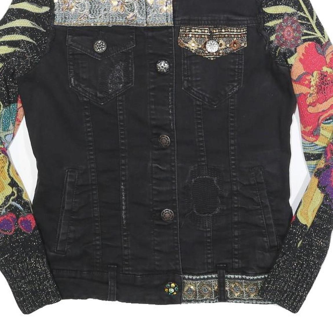 DESIGUAL Womens Black Cotton Blend Button Denim Jacket XS Floral Sleeves
