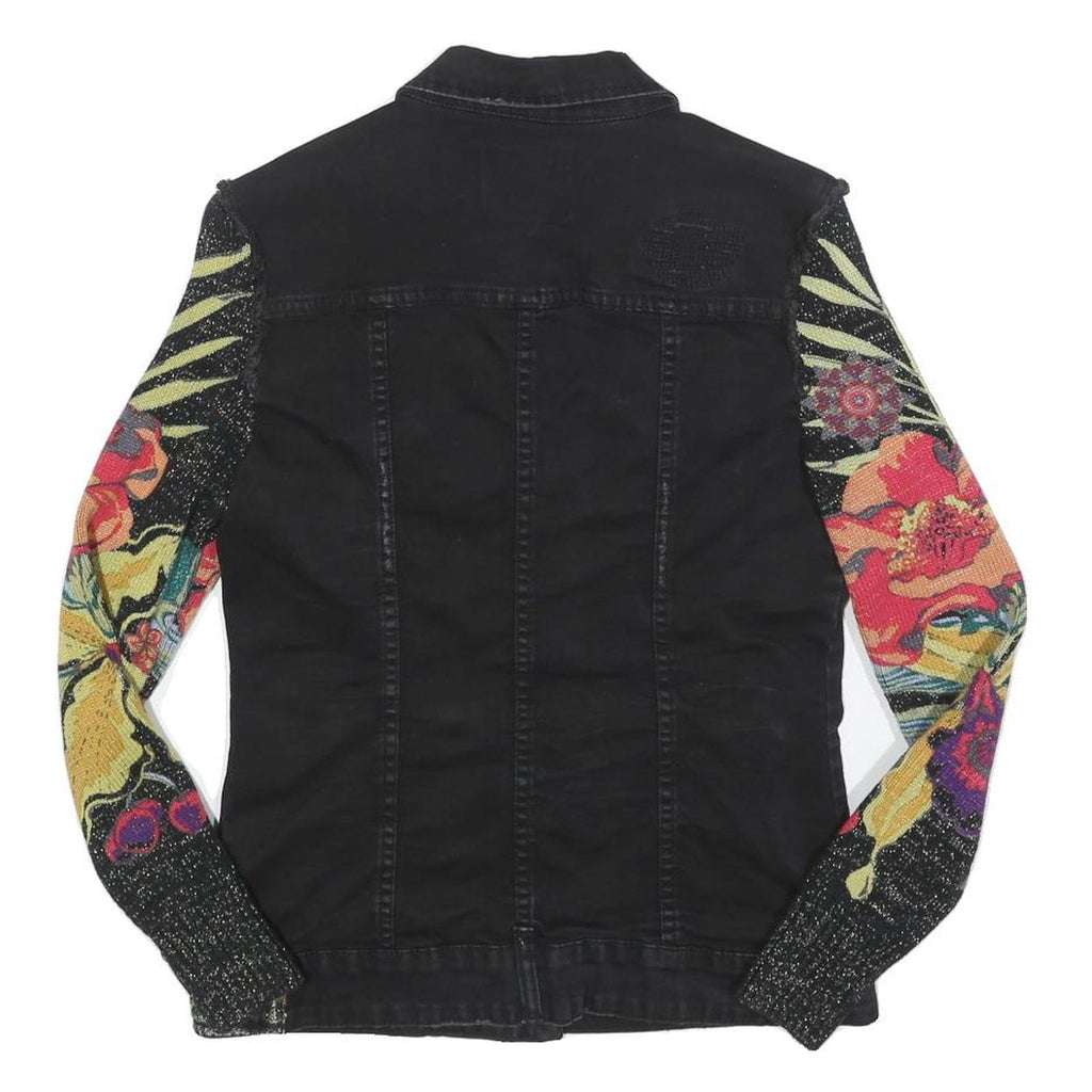 DESIGUAL Womens Black Cotton Blend Button Denim Jacket XS Floral Sleeves