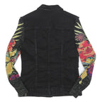 DESIGUAL Womens Black Cotton Blend Button Denim Jacket XS Floral Sleeves