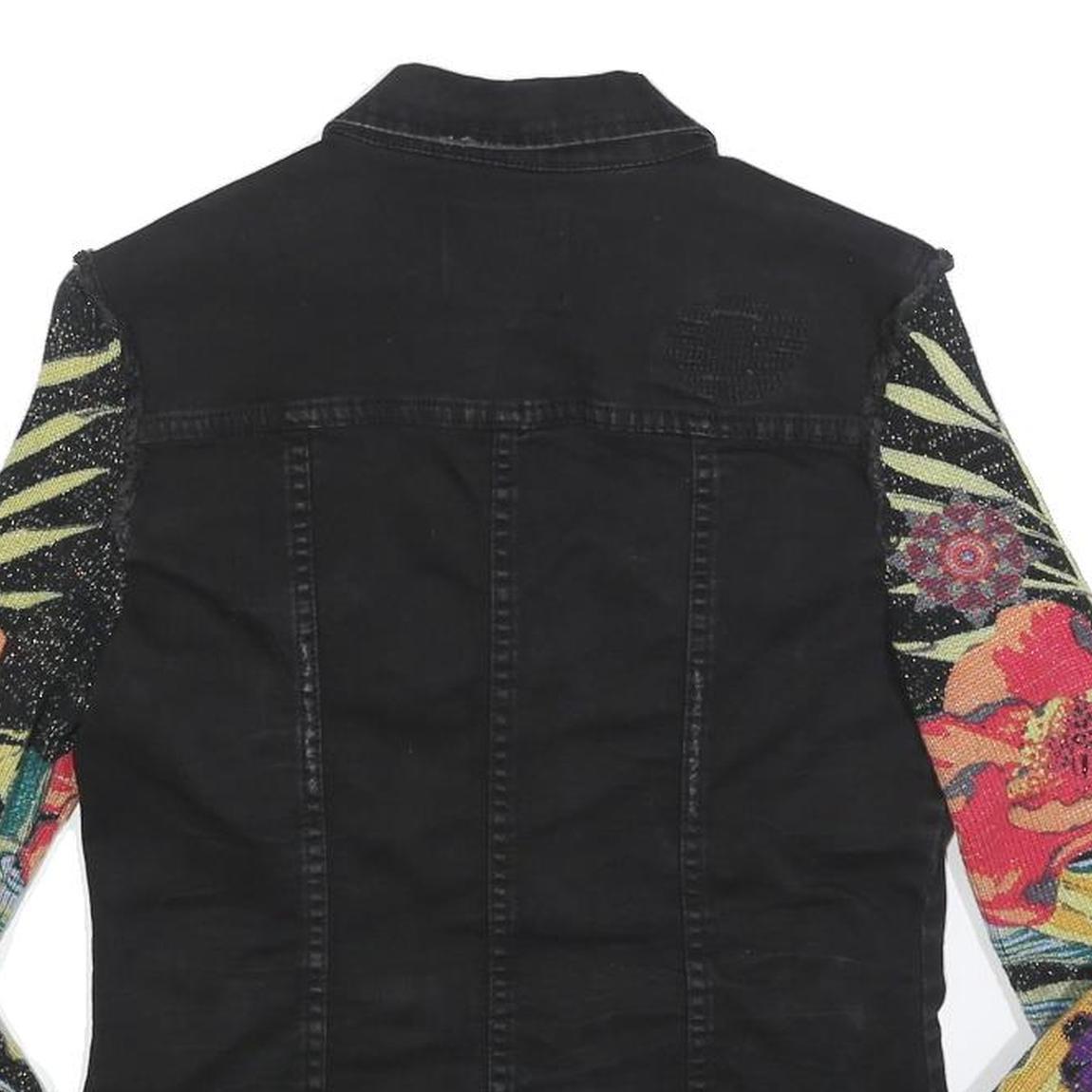 DESIGUAL Womens Black Cotton Blend Button Denim Jacket XS Floral Sleeves