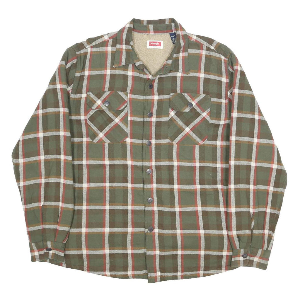 WRANGLER Fleece lined Mens Green & Brown Check Cotton Blend Shirt L Casual