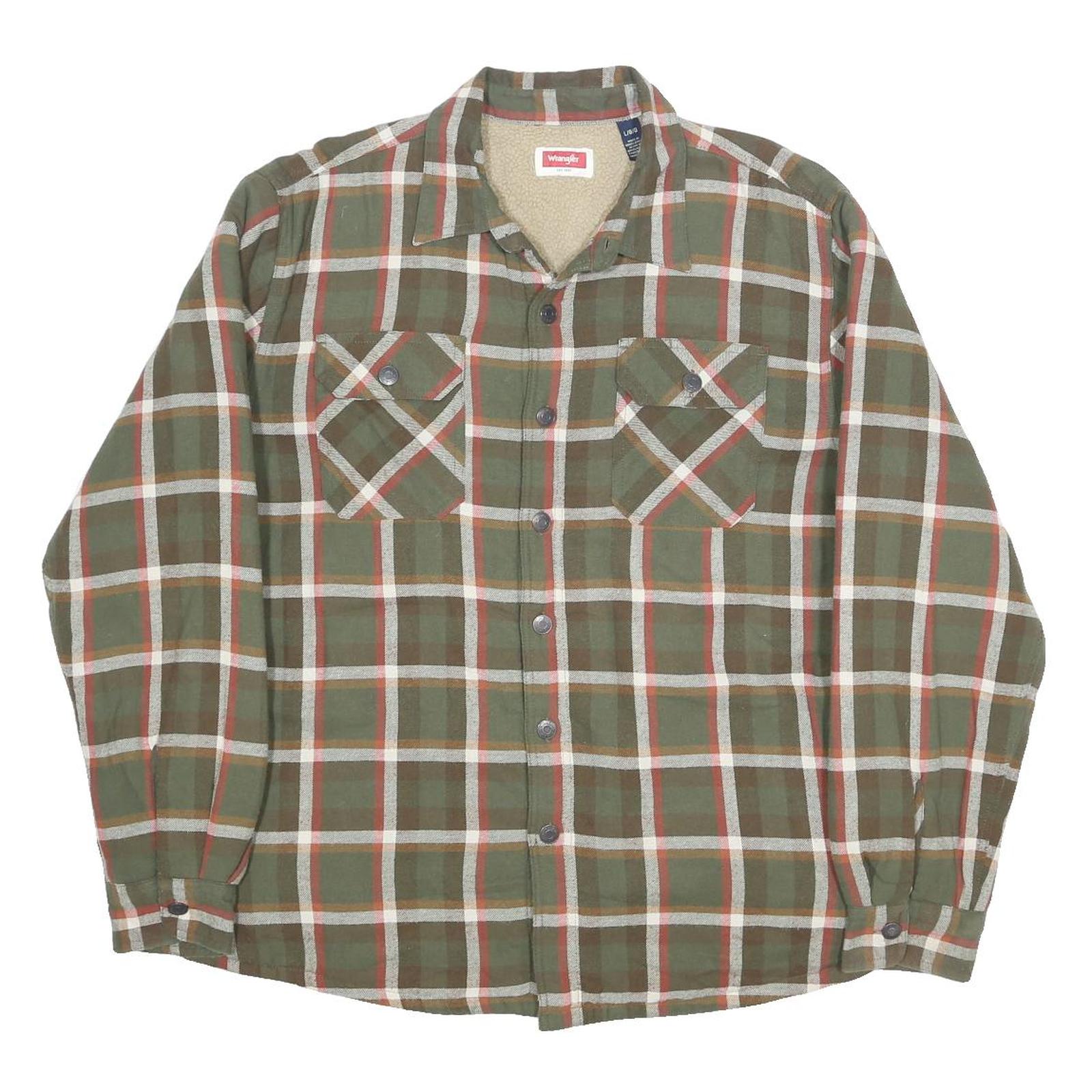 WRANGLER Fleece lined Mens Green & Brown Check Cotton Blend Shirt L Casual