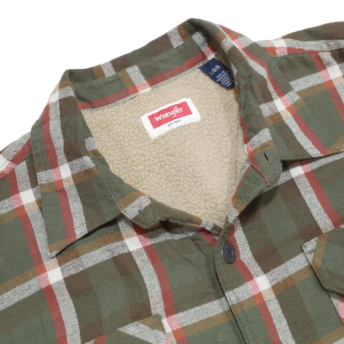 WRANGLER Fleece lined Mens Green & Brown Check Cotton Blend Shirt L Casual