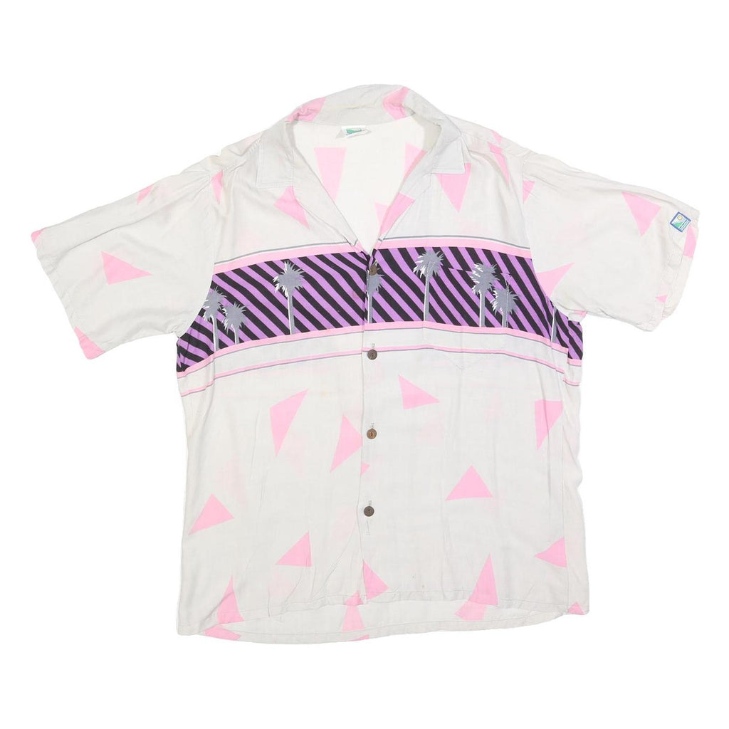 OFF SHORE Mens White & Pink Abstract Rayon Shirt L Lightweight Summer Casual