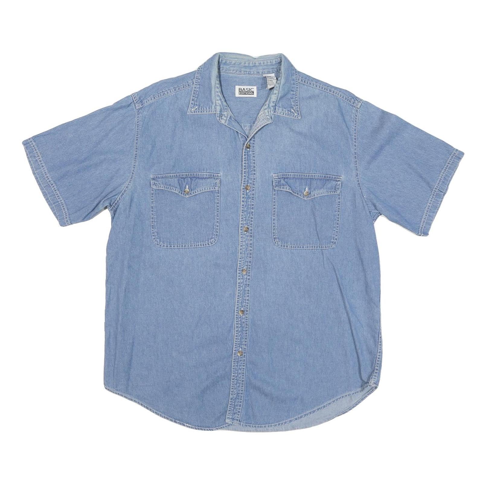 BASIC EDITION Mens Blue Cotton Blend Denim Shirt L Casual Short Sleeve Button