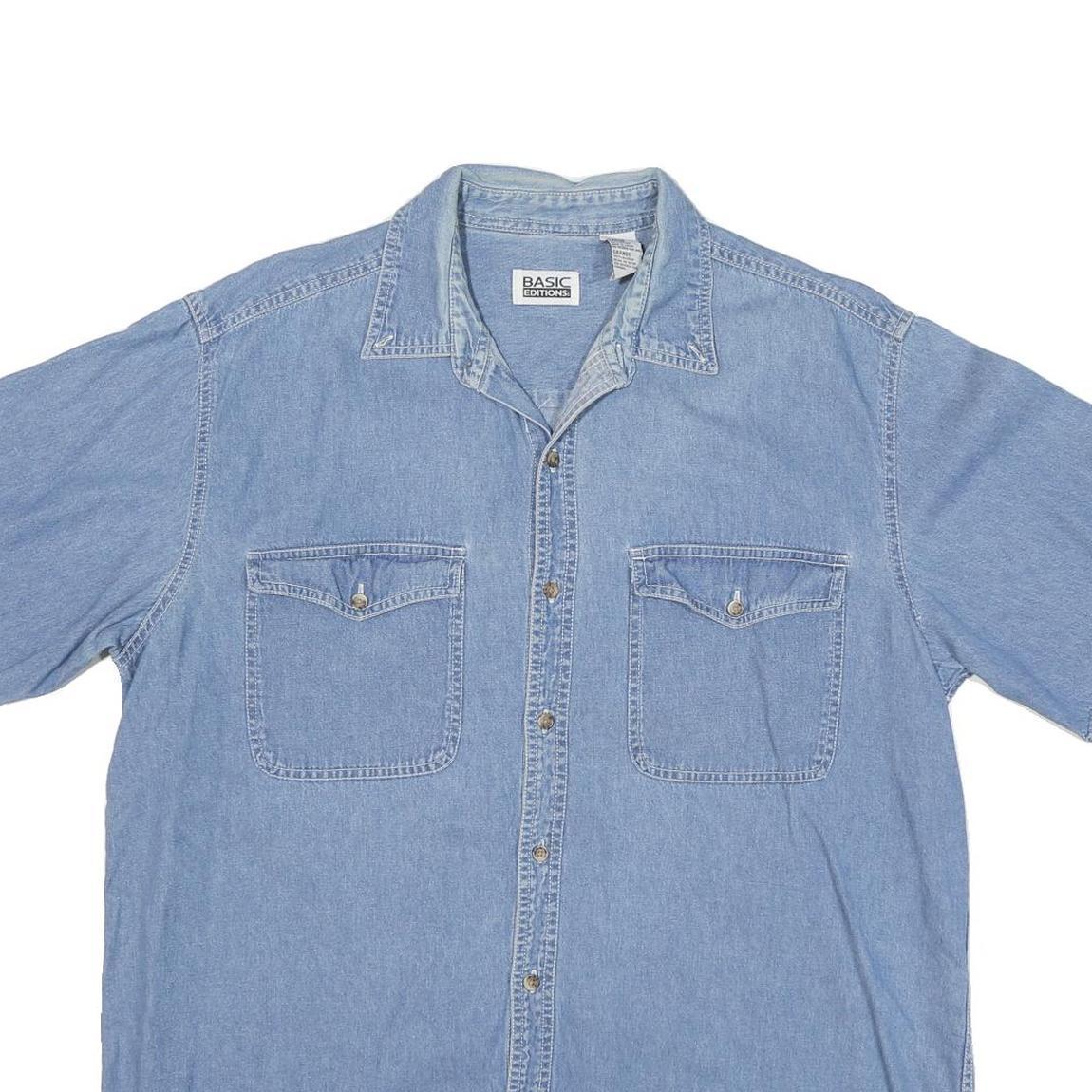 BASIC EDITION Mens Blue Cotton Blend Denim Shirt L Casual Short Sleeve Button