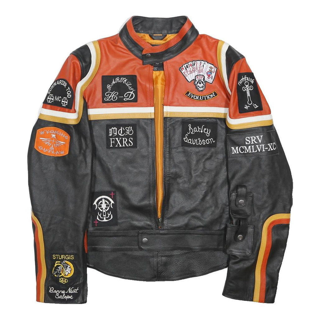 Mens Black & Orange Leather Biker Jacket S Embroidered Patches Racing Style
