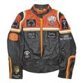 Mens Black & Orange Leather Biker Jacket S Embroidered Patches Racing Style
