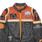 Mens Black & Orange Leather Biker Jacket S Embroidered Patches Racing Style