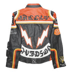 Mens Black & Orange Leather Biker Jacket S Embroidered Patches Racing Style