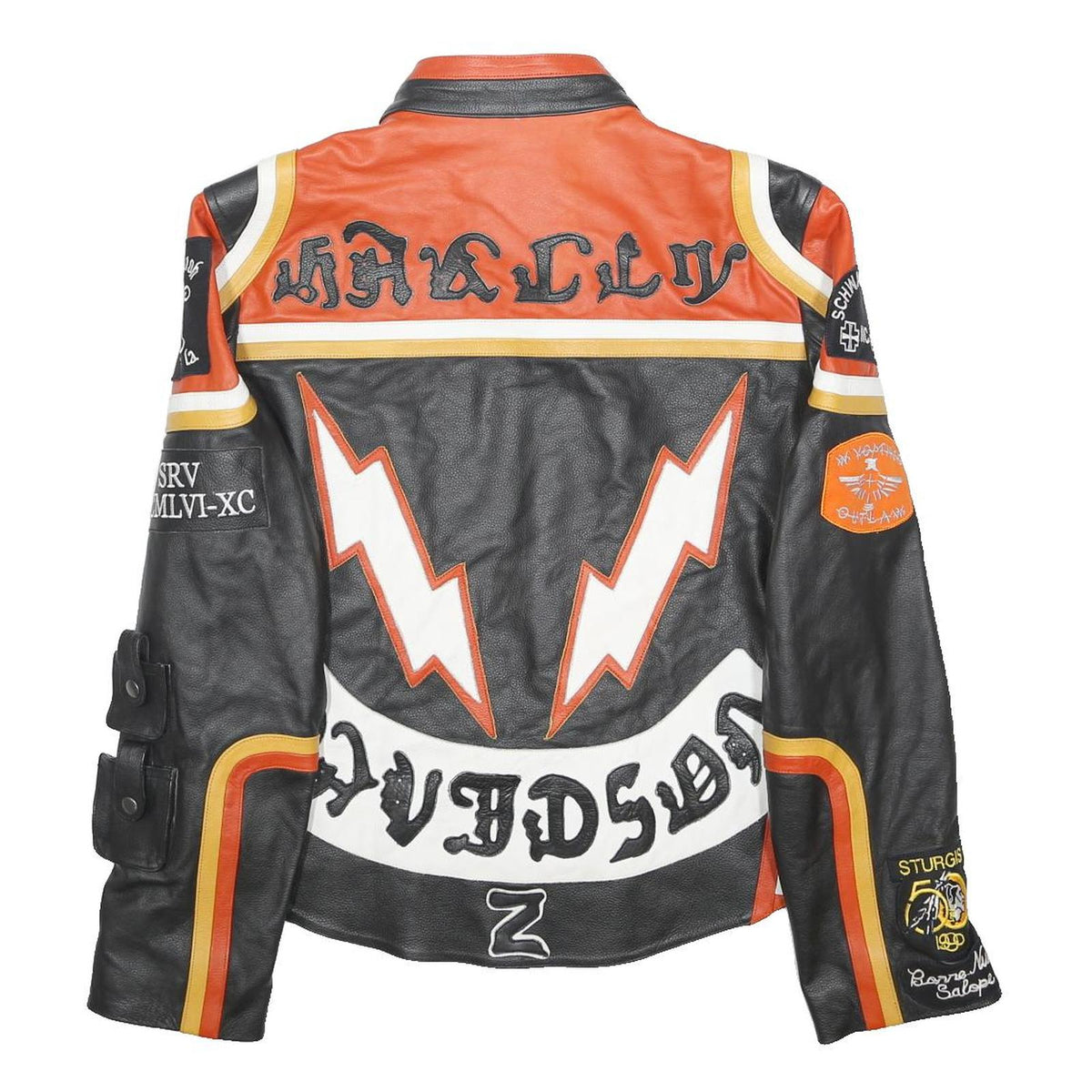 Mens Black & Orange Leather Biker Jacket S Embroidered Patches Racing Style