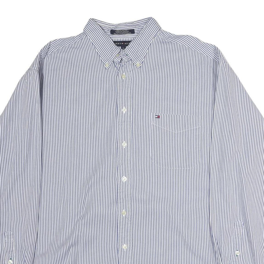 TOMMY HILFIGER Mens Blue & White Striped Cotton Shirt XL Classic Fit Button Down