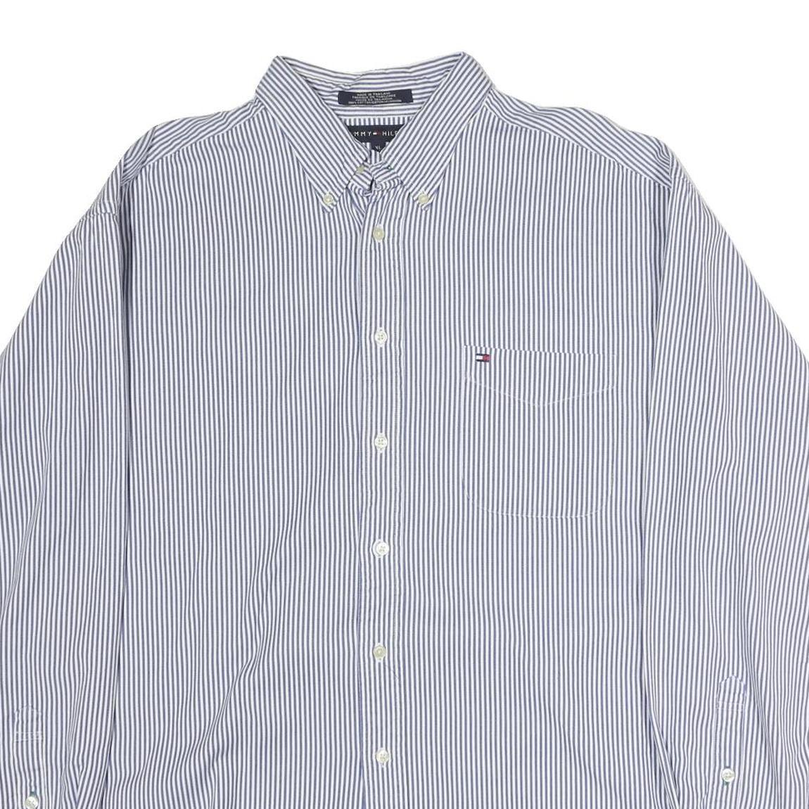 TOMMY HILFIGER Mens Blue & White Striped Cotton Shirt XL Classic Fit Button Down