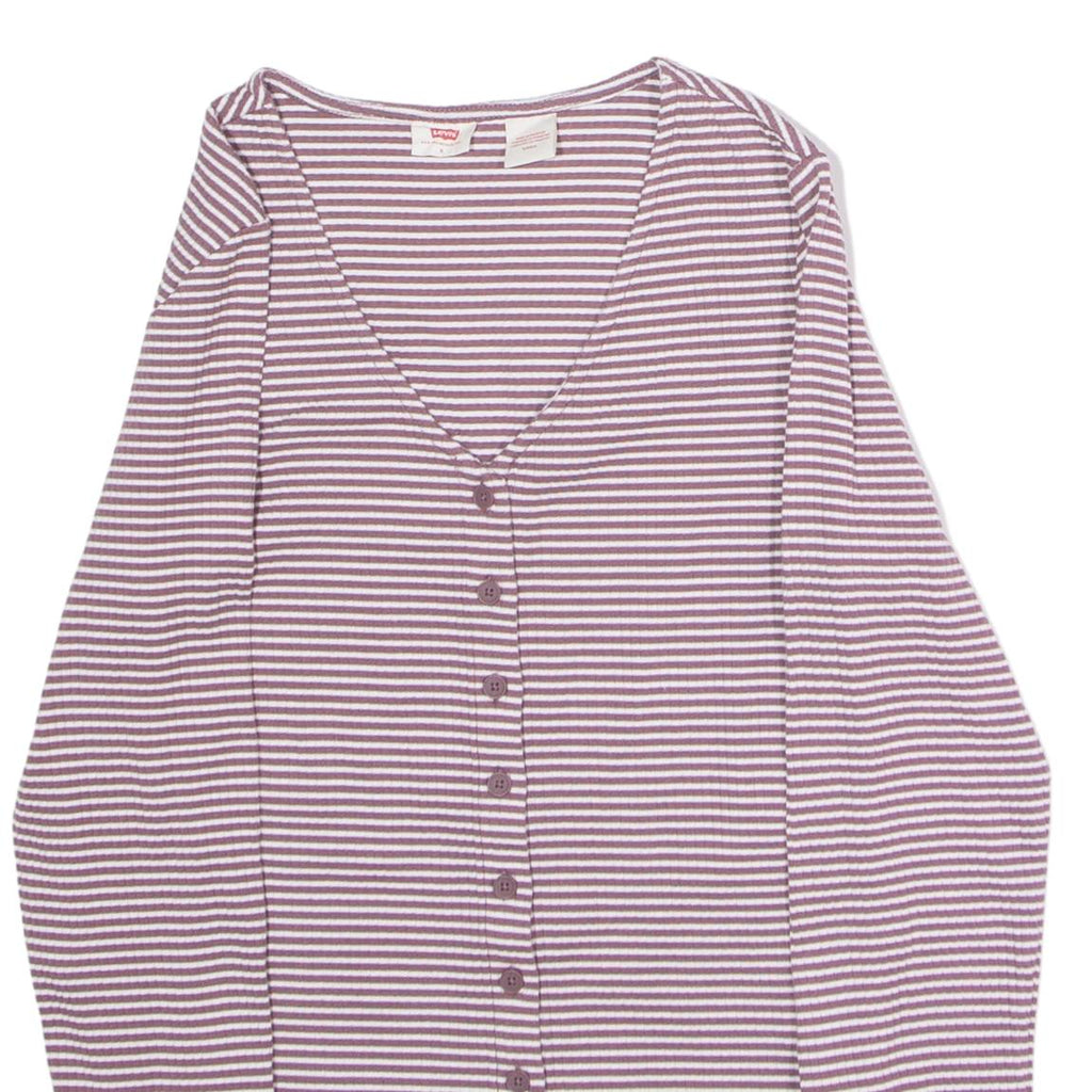 LEVI'S Womens Patterned Cardigan Maroon Striped V-Neck Tight Knit S
