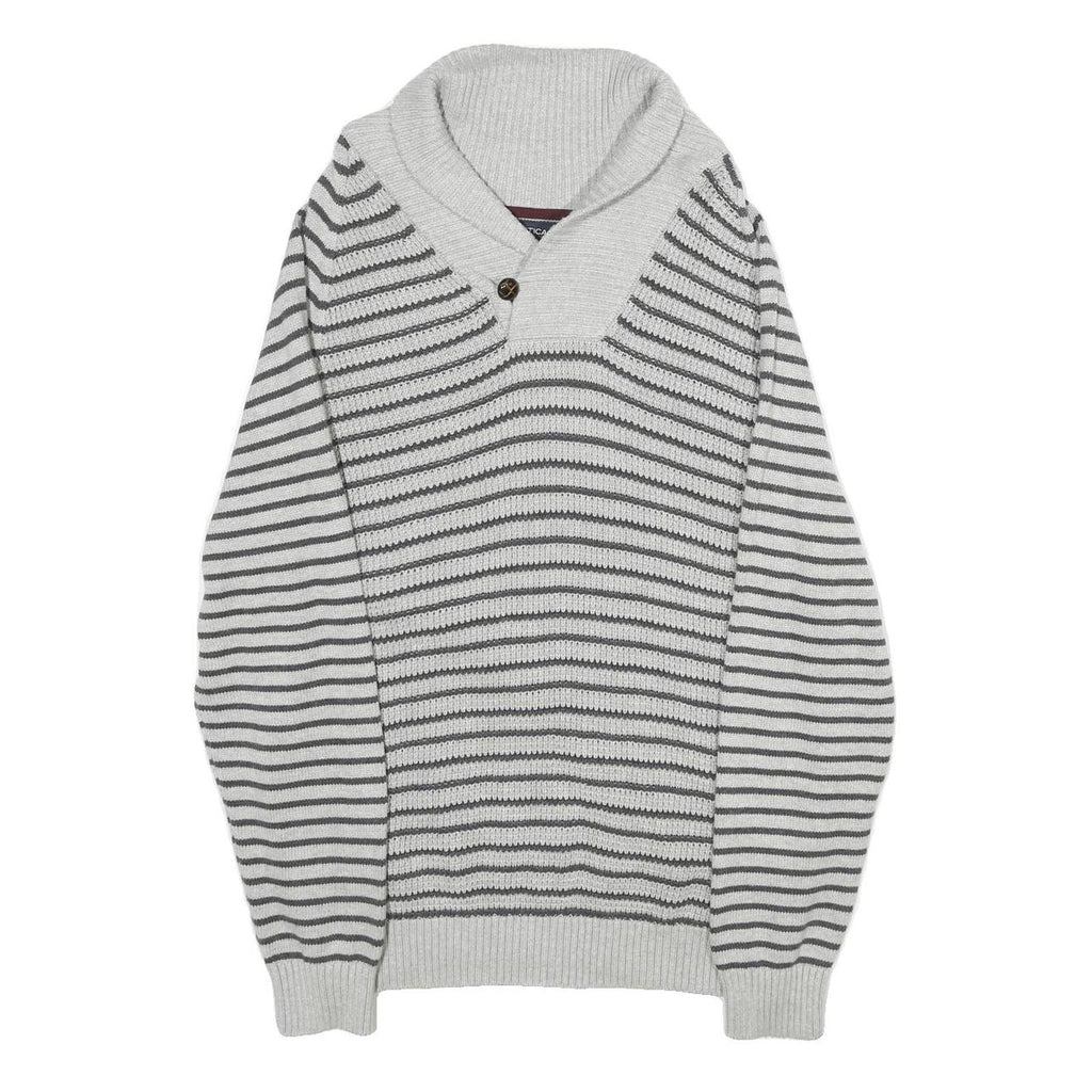 NAUTICA Mens Grey Stripe Patterned Shawl Collar Jumper Crew Neck Basic Knit L