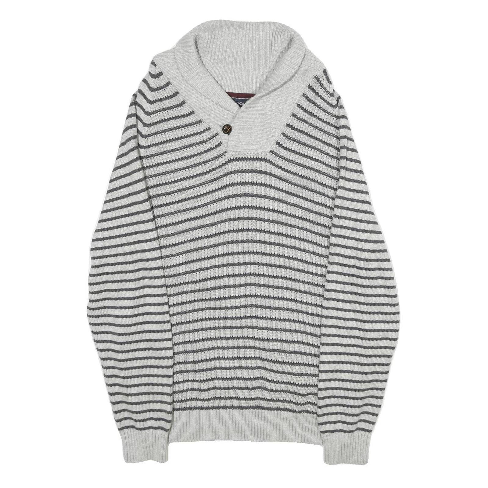 NAUTICA Mens Grey Stripe Patterned Shawl Collar Jumper Crew Neck Basic Knit L
