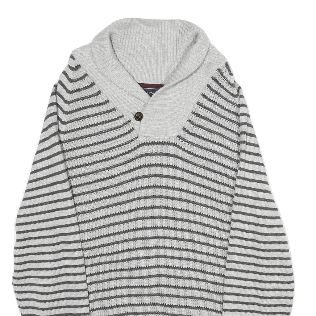 NAUTICA Mens Grey Stripe Patterned Shawl Collar Jumper Crew Neck Basic Knit L