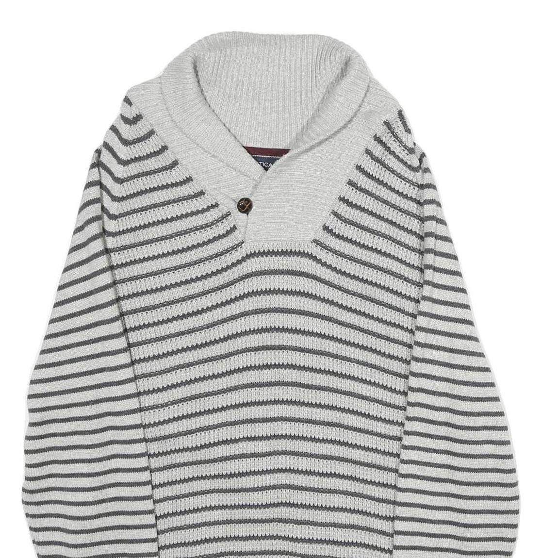 NAUTICA Mens Grey Stripe Patterned Shawl Collar Jumper Crew Neck Basic Knit L