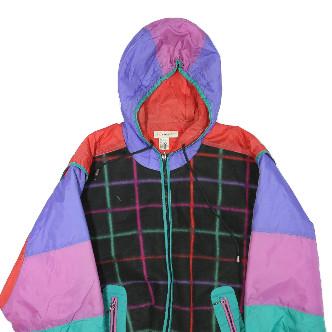 JANEVE Mens Black & Multicolour Check Hooded Zip Jacket M Polyester Blend