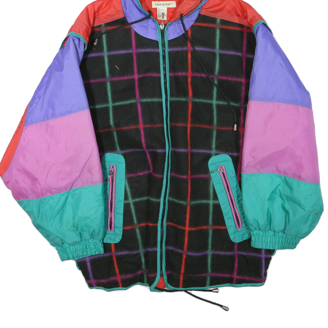 JANEVE Mens Black & Multicolour Check Hooded Zip Jacket M Polyester Blend