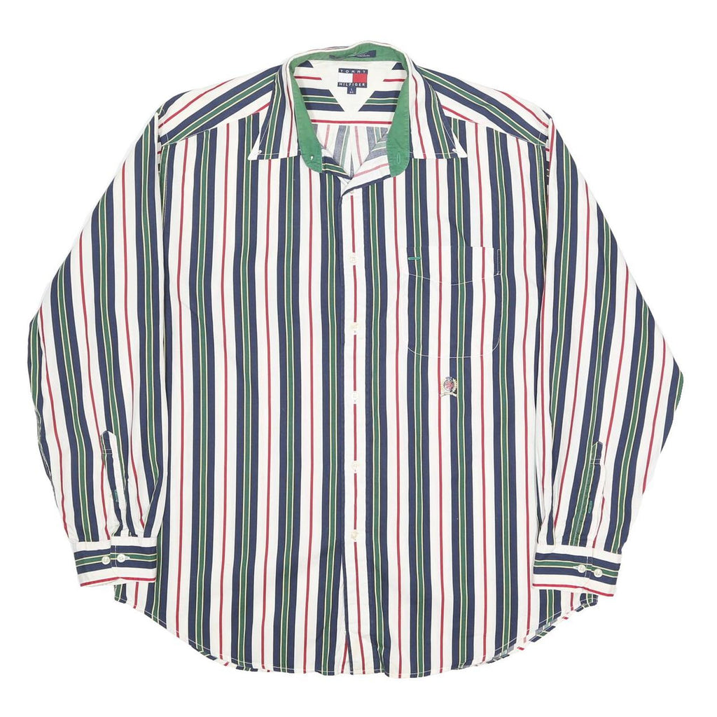 TOMMY HILFIGER Mens White Blue & Green Stripe Shirt L Classic Fit Button Down