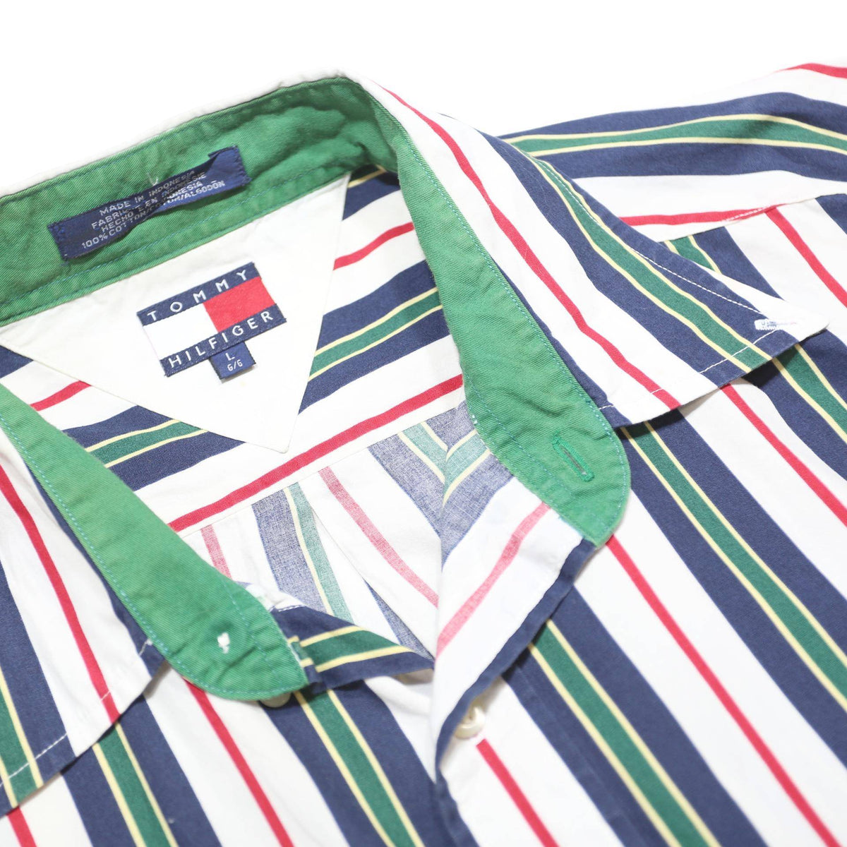 TOMMY HILFIGER Mens White Blue & Green Stripe Shirt L Classic Fit Button Down