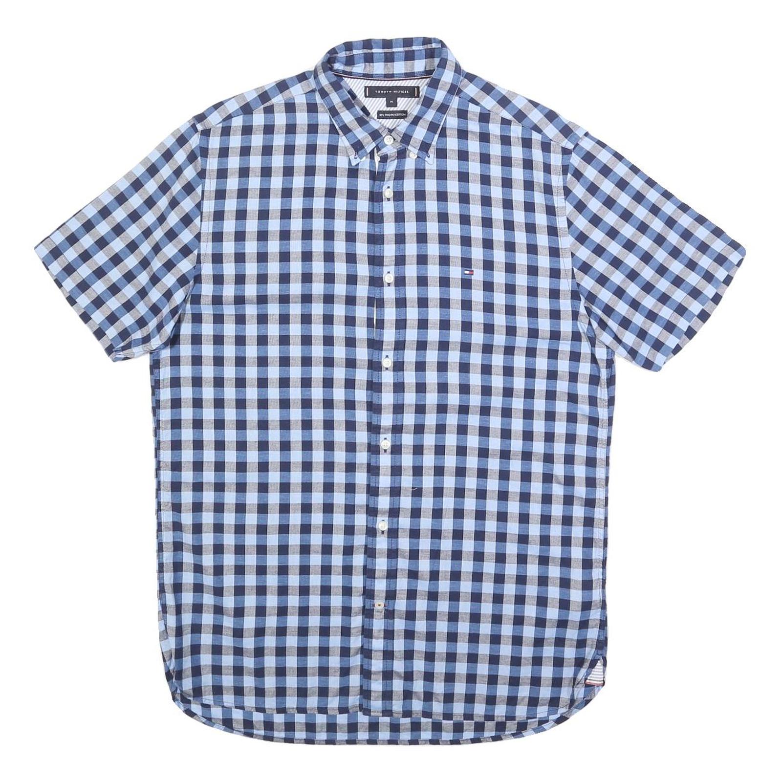 TOMMY HILFIGER Mens Blue & Navy Check Shirt M Button Down Short Sleeve Casual
