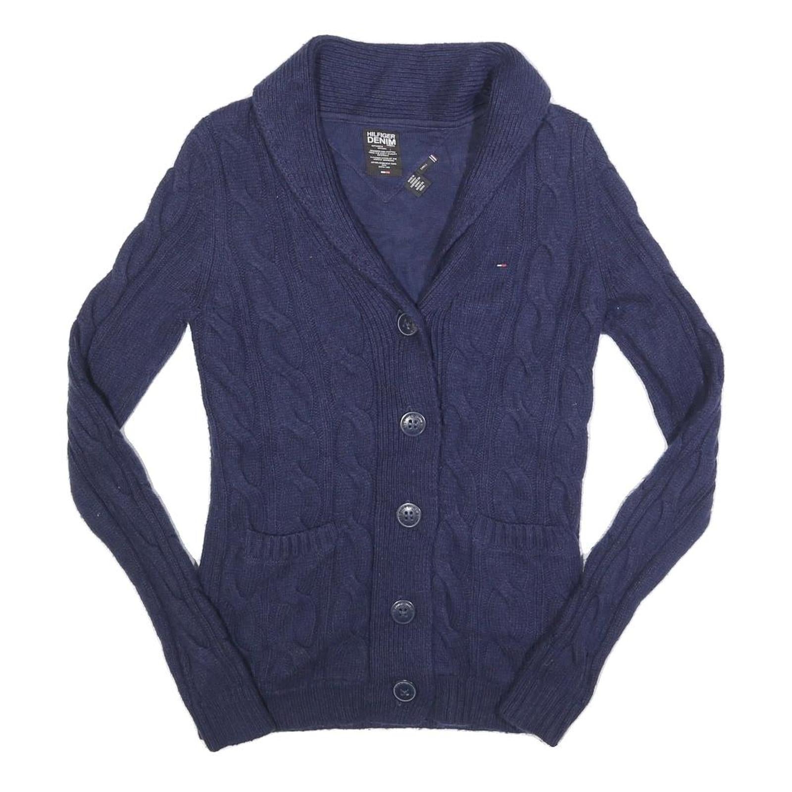 HILFIGER DENIM Womens Blue Patterned Cardigan Cable Knit Shawl Collar S Wool