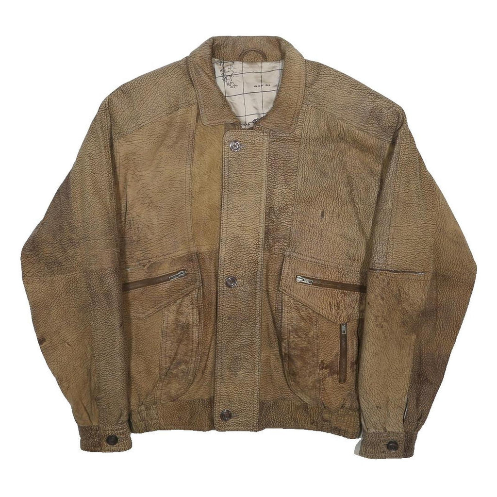 Mens Brown Leather Zip Jacket M Vintage Textured Casual Outerwear Map Lining