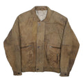 Mens Brown Leather Zip Jacket M Vintage Textured Casual Outerwear Map Lining