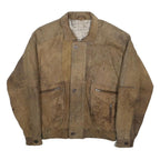 Mens Brown Leather Zip Jacket M Vintage Textured Casual Outerwear Map Lining
