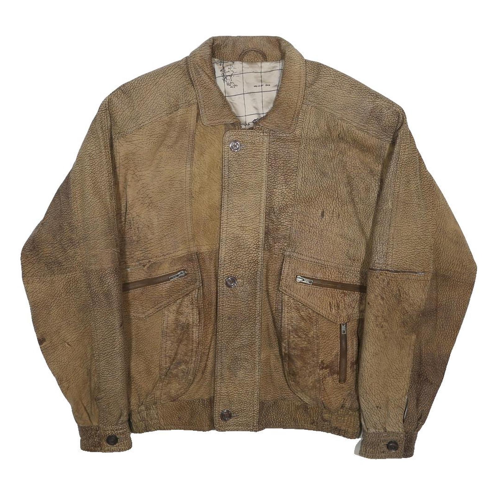 Mens Brown Leather Zip Jacket M Vintage Textured Casual Outerwear Map Lining