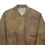 Mens Brown Leather Zip Jacket M Vintage Textured Casual Outerwear Map Lining