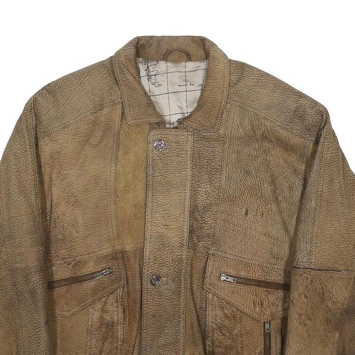 Mens Brown Leather Zip Jacket M Vintage Textured Casual Outerwear Map Lining