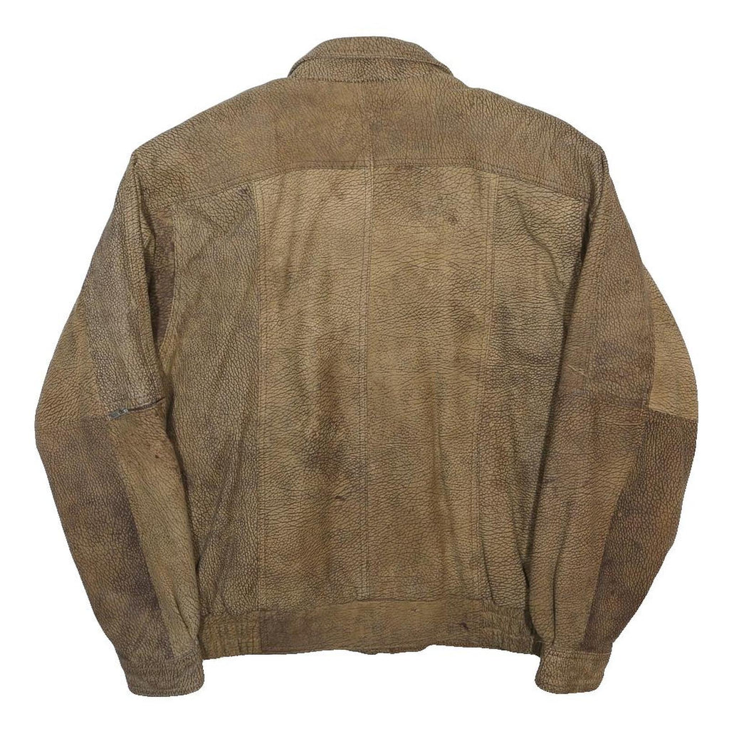 Mens Brown Leather Zip Jacket M Vintage Textured Casual Outerwear Map Lining